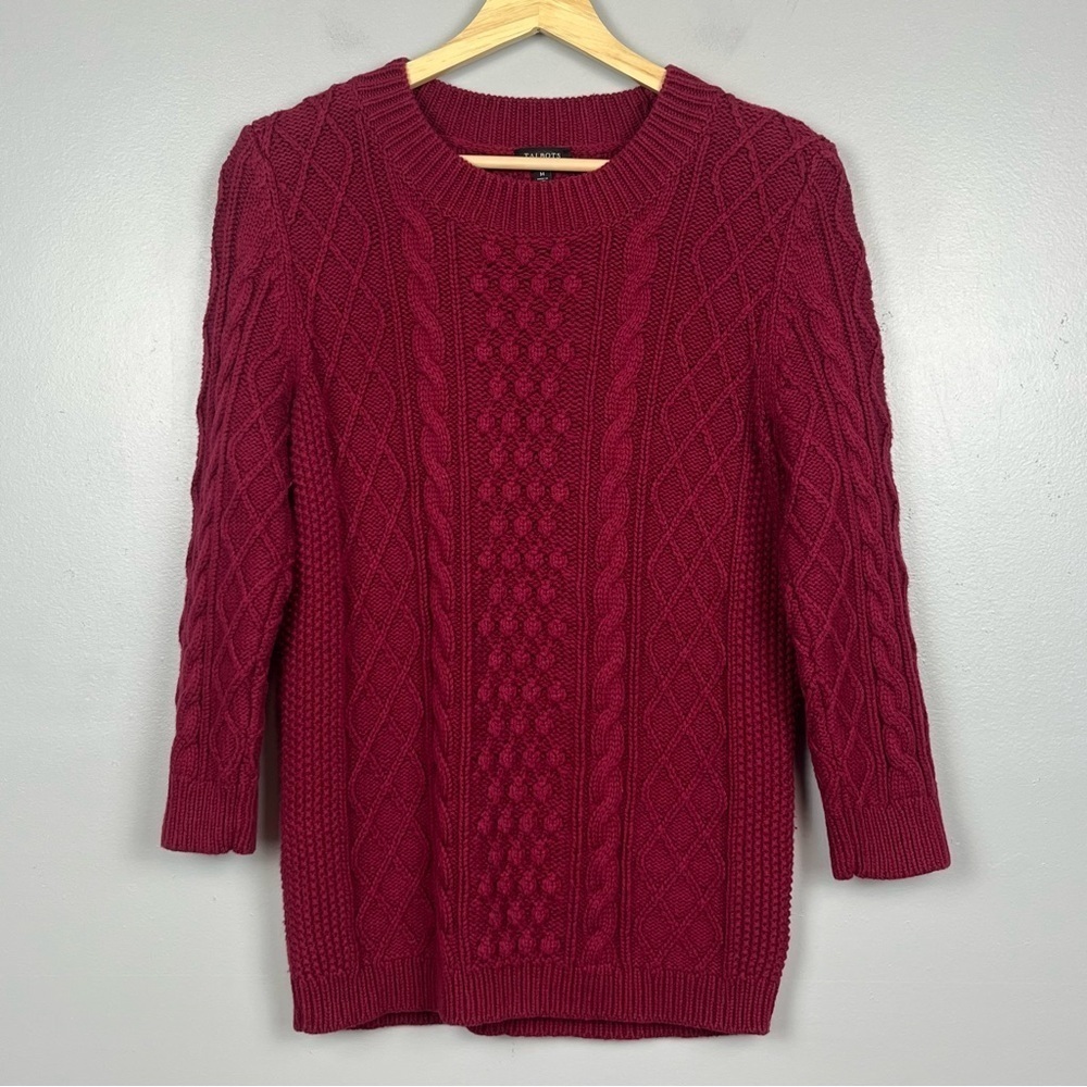 Talbots burgundy cotton nylon wool poly cable knit 3/4 sleeve sweater, medium.